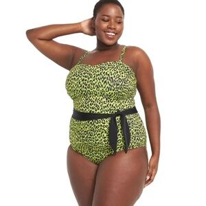 Lane Bryant Cacique No-Wire Belted Swim One Piece in Lime Animal